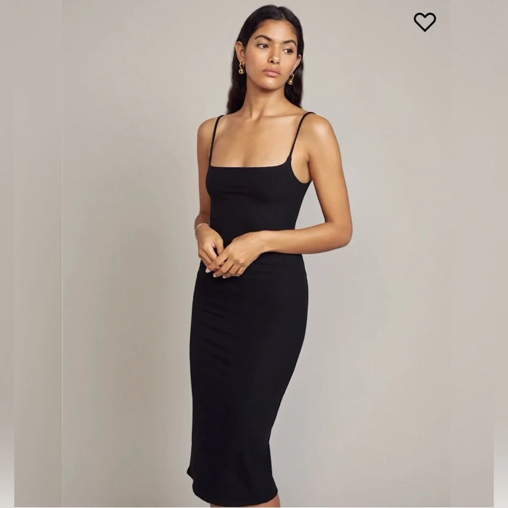 Sleek Sexy Reformation Black Ribbed fitted Midi Dress with thin spaghetti straps - Picture 4 of 15